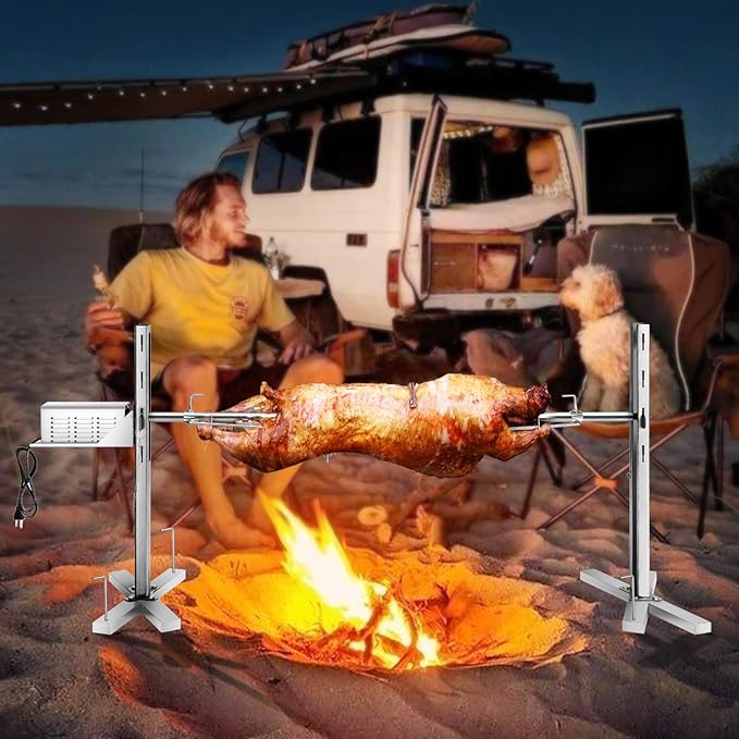 Rotisserie Grill Kit Stainless Steel Tripod Rotisserie Stand,52inch Pig Lamb Hooded Roaster Charcoal Spit with 15W Motor & Adjustable Height Lockable Casters for Outdoor Camping Party, Rated 90 LB