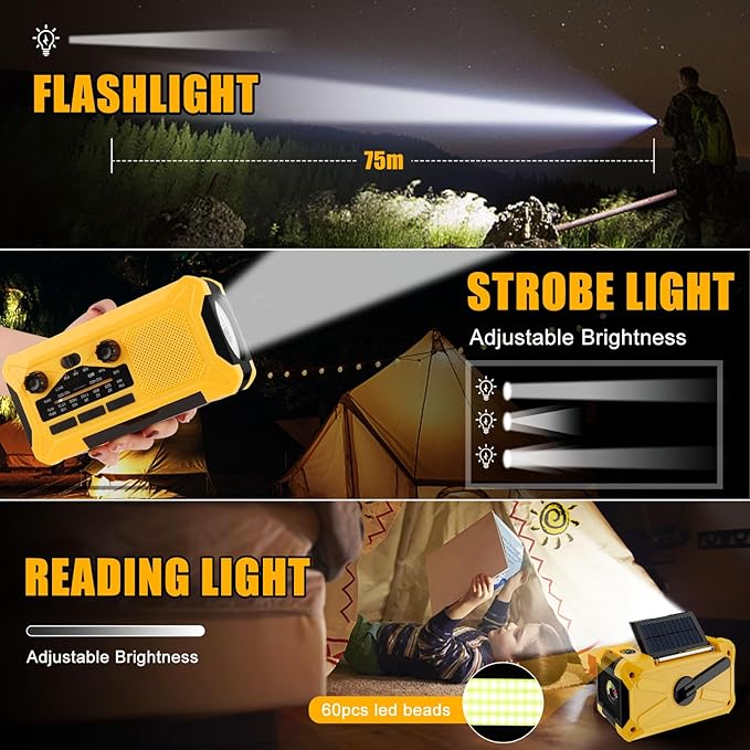 10000mAh Emergency Hand Crank Radio with LED Flashlight, AM/FM NOAA Portable Weather Alert Radio, Solar Powered with Phone Charger, USB Charged, Headphone Jack, SOS Alarm, Compass (Yellow)