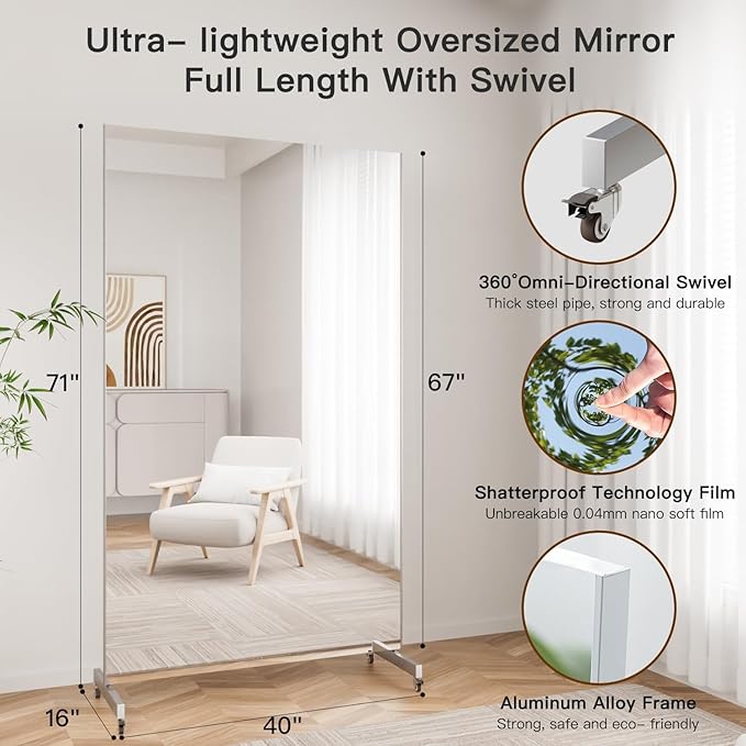 brisafe Home Gym Mirror 360° Swivel on Wheels, 67" X 40" Extra Large Full Body Rolling for Yoga, Nano Film Super Lightweight Unbreakable Full Length Mirror, Black, 9.5 lbs