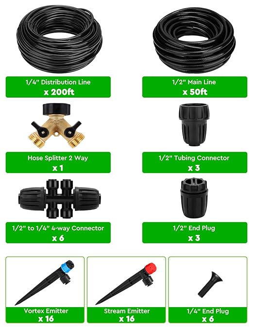 250FT Drip Irrigation System for Garden - 50FT 1/2" Main Tube & 200FT 1/4" Branch Tubing, Brass Splitter, Quick Connect Design, Perfect for Outdoor Plants, Raised Beds, Greenhouses