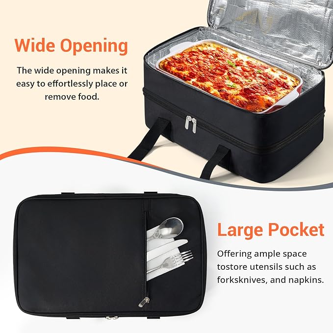 Double Insulated Casserole Carrier for Hot or Cold Food,Pie Carrier Bag Lunch Tote for Potluck Parties/Picnic/Cookouts, Fits 9"x13" Baking Dish, Black