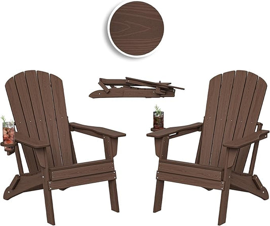 Folding Adirondack Chair Set of 2, Cup Holder，Wooden Textured ，Heavy All-Weather HDPE Comfortable Set Poolside Backyard Lawn Coffee