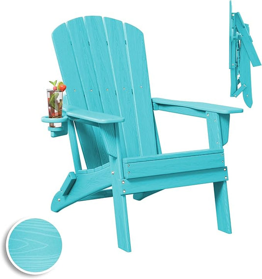 Folding Adirondack Chair, SGS Tested, Wooden Textured with Cup Holder, Heavy All-Weather HDPE Comfortable Set Poolside Backyard Lawn Aruba Blue