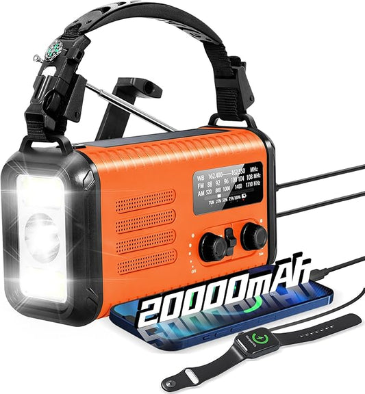 Emergency Weather Radio, 20000mAh Solar Radio, Hand Crank Radio with AM/FM/NOAA, Portable Radios with Flashlight & Reading Lamp, Earphone Jack, SOS Alarm, Phone Charger for Indoor Outdoor Emergencies