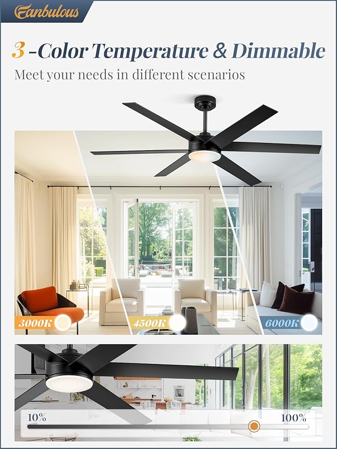 60 Inch Ceiling Fans with Lights and Remote, Reversible 6 Blades & Dimmable 3-Color Outdoor Ceiling Fans for Patios, DC Motor Large Ceiling Fan for Indoor or Covered Outdoor-Black