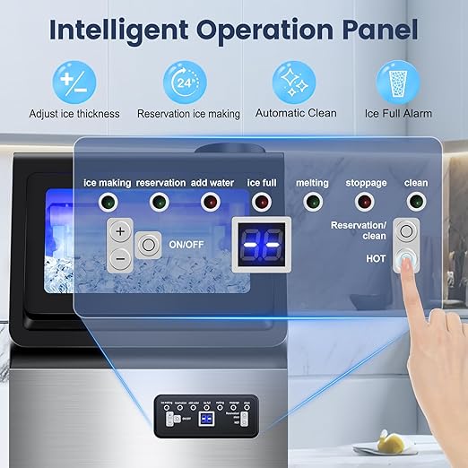Commercial Ice Maker Machine 140LBS/24H, Dual Water Inlet Options, Freestanding Under Counter Ice Maker Smart LCD, Self-Cleaning, Quiet for Home, Bar, Restaurant, Support 5-Gallon Bottle Water
