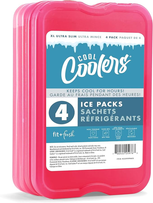 Cool Coolers by Fit & Fresh 4 Pack XL Slim Ice Packs, Quick Freeze Space Saving Reusable Ice Packs for Lunch Boxes or Coolers, Pink