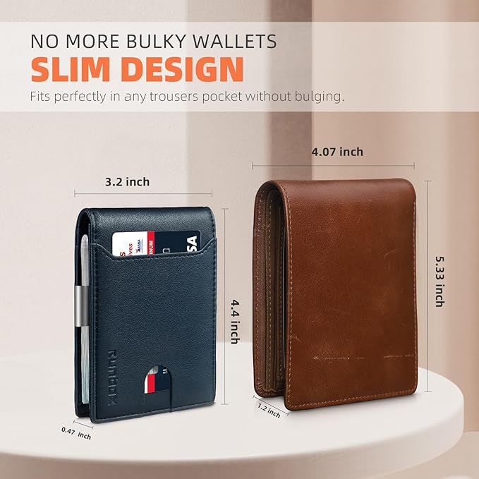 RUNBOX Slim Wallets for Men - Leather Money Clip Mens Wallet - RFID Blocking Front Pocket Bifold Wallet - Thin Credit Card Holder with Gift Box