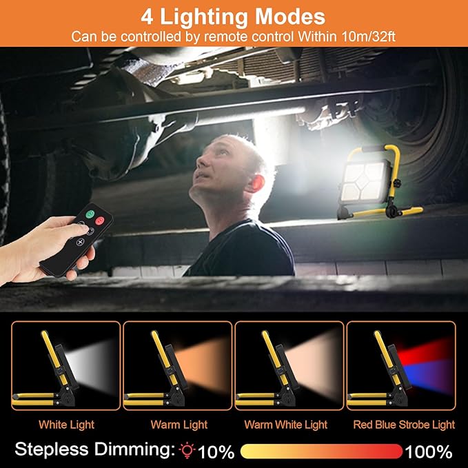 ERAY Rechargeable Work Light with Remote Control and Stand,15000mAh Battery 10000LM Worklight, Portable Solar Camping Lights, IP66 4 Lighting Modes Work Lights for Outdoor Emergency Car Repairing