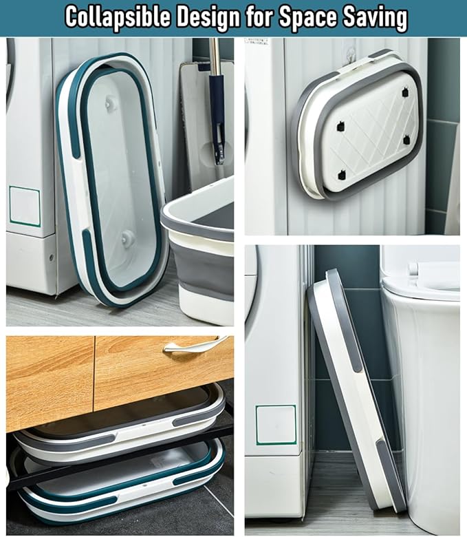 Collapsible Mop Wash Basin Bucket with Handle and Wheels, 12L (3.2 Gallon) Portable Plastic Basket Crate Tub for Storage Organization, Foldable Water Bin Container for Cleaning, Car Washing, Blue