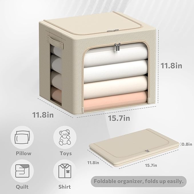 3Pack Frame Storage Box - Clothes Storage Bin Bags Oxford Fabric Foldable Stackable Container Organizer Set with Clear Window & Carry Handles (Beige, X-Small-36L)