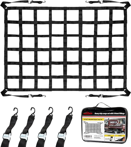 Cargo Net for Pickup Truck Bed Adjustment 50"x66" Truck Bed Cargo Netting with S-Hook Fittings 2” Wide Heavy Duty Small Trunk Cargo Nets Automotive Carrier for SUV Car Trailer