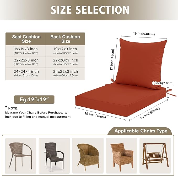 24x24 Inch Outdoor Cushions for Patio Furniture Set of 2, Waterproof Outdoor Chair Cushions w/Fade-Resistant, Removable & Machine-Washable Covers, Deep Seat Sofa/Couch Pad Replacement, Rust