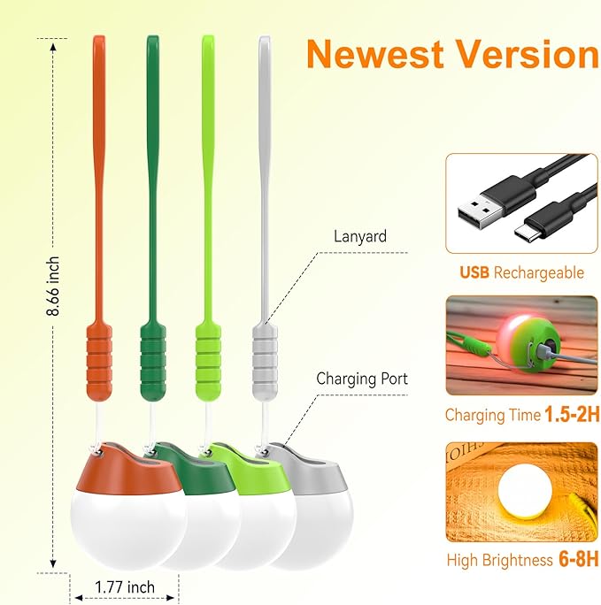 LETMY Rechargeable Camping Lights, 4 Pack Portable Tent lights With 4 Lighting Modes, 150LM LED Camping Lantern Waterproof, Only 20g Hanging Tent Lantern for Hiking Backpacking Power Outages Emergency