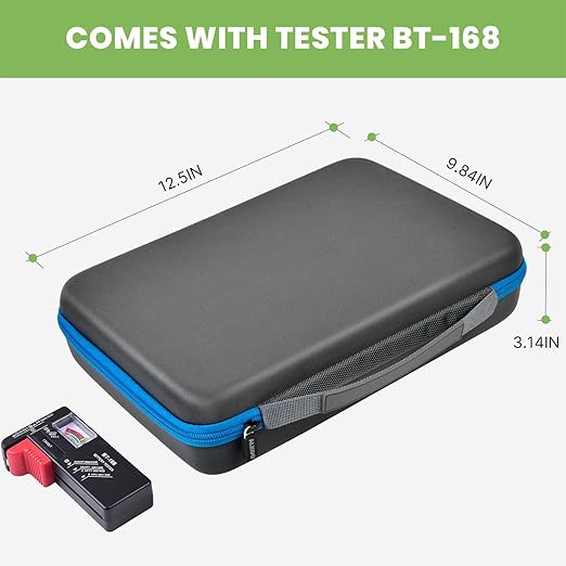 Battery Organizer Storage Holder Case Box with Tester Checker BT-168. Holds 225 Batteries AA AAA C D Cell 9V 3V Lithium (Blue)