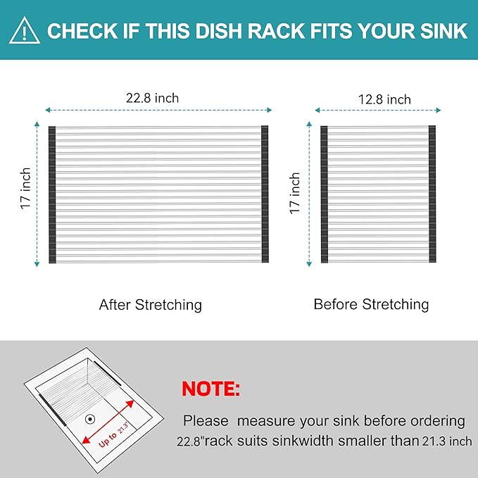 BBXTYLY Extra Large Expandable Roll Up Dish Drying Rack,Over The Sink Drying Rack Sink Cover Kitchen Sink Accessories Kitchen Rolling up Stainless Steel Drainer, Foldable,Rollable（Black，22.8''-17''）