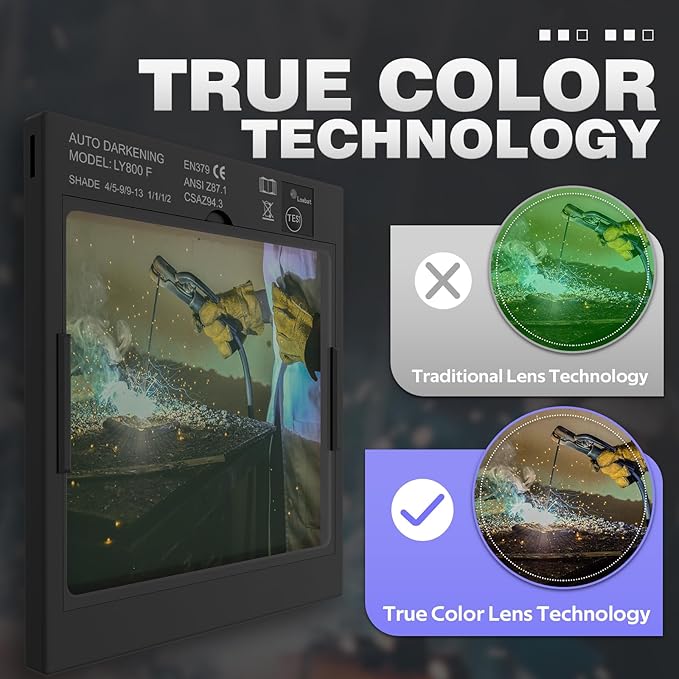 3.93"X3.66" Large Viewing 1/1/1/1 True Color Welding Helmet with Light, 4 Arc Sensor Auto Darkening Welding Hood, Wide Shade 4/5-9/9-13 for TIG MIG Arc Weld Grinding Welder Mask Flame Skeleton