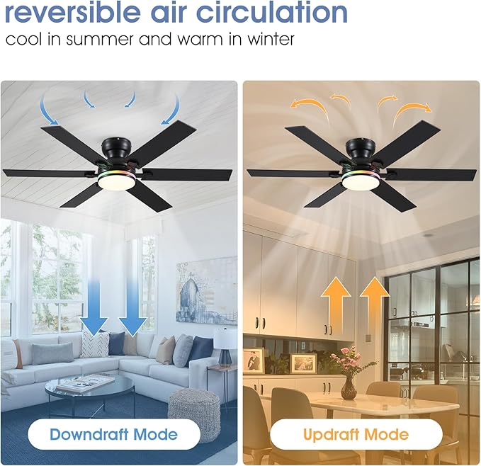 52" RGB Ceiling Fans with Lights and Remote/APP,Black Low Profile Ceiling Fans with Quiet Reversible DC Motor,Modern Flush Mount Fans Light for Bedroom Kids Room