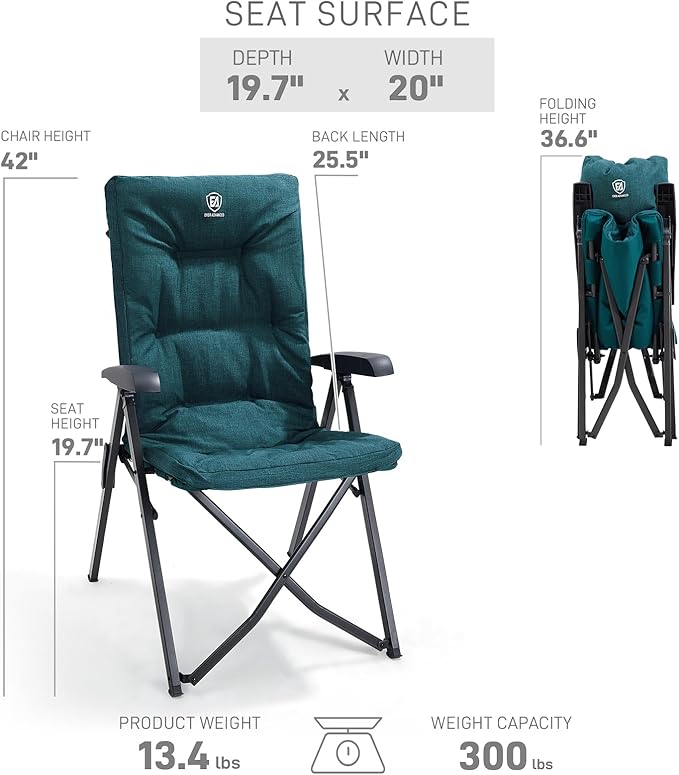 EVER ADVANCED Folding Camping Recliner Chair Fully Padded with Adjustable High Back Support Portable for Adults Patio Reclining Chair Green