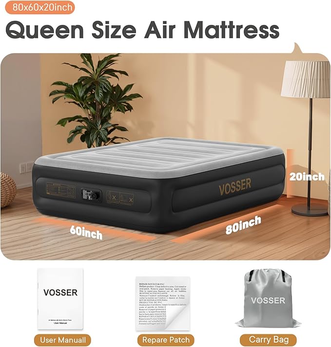 Air Mattress Queen with Built in Pump,20'' Inflatable Mattress 2 Mins Self-Inflation/Deflation,Thicker Blow up Mattress Leak-Proof,Flocked Top Air Bed with Storage Bag for Home, Camping & Guests
