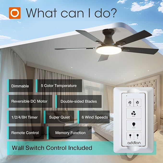 addlon Ceiling Fans with Lights, 52 inch Flush Mount Ceiling fan with Remote Control, Wall Remote, Reversible, 5CCT, Dimmable, Noiseless DC Motor, Black Low Profile Ceiling Fan for Bedroom, Farmhouse