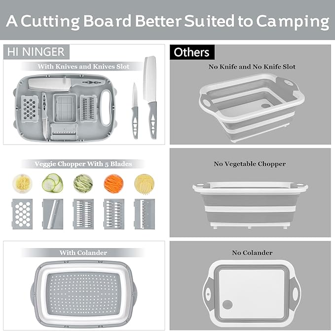 HI NINGER Collapsible Cutting Board with Colander, 9-In-1 Multi Chopping Board Kitchen Vegetable Washing Basket for Camping Gifts Camping Accessories for RV Campers