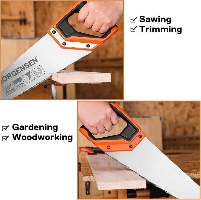 JORGENSEN 20 Inch Pro Hand Saw, 11 TPI Fine-Cut Ergonomic Non-Slip Aluminum Ultrasonic Welding Handle for Sawing, Trimming, Gardening, Woodworking, Drywall, Plastic Pipes