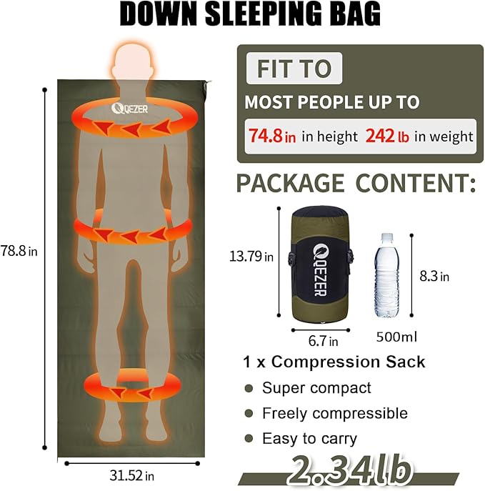Down Sleeping Bag for Adults, Ultralight Wearable Sleeping Bag for Backpacking, Can Be Used as a Blanket or Mat