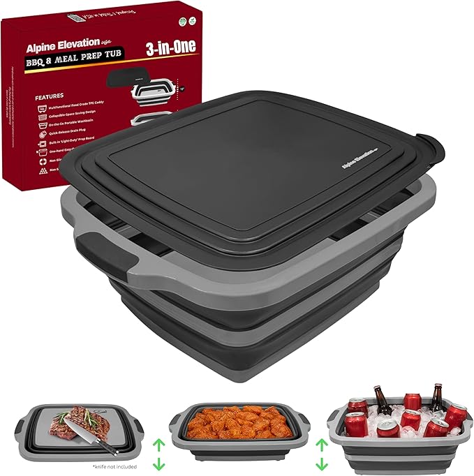 Collapsible X-Large (16L) BBQ Marinating Tub w/Cutting Board | Multipurpose Food-Grade TPE Prep Tub w/Lid | Built-In Colander & Drain Plug - For Camping | Tailgate | Picnic - Slate Black