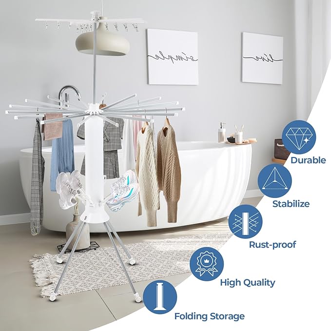 GCCSJ 3 Tier Portable Collapsible 4-Legged Clothes Drying Rack,Foldable Laundry Drying Rack with 4 Pulleys with and Shoe Holders for Indoor Outdoor Space Saving