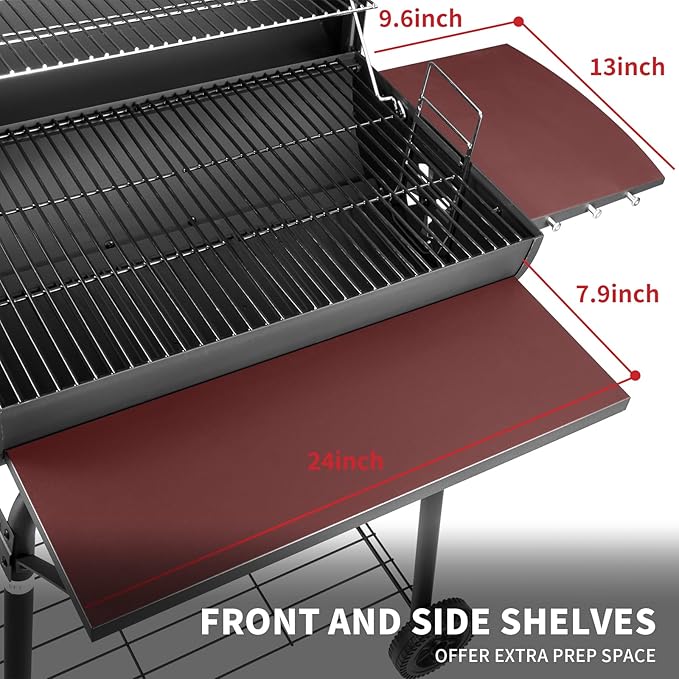 Barrel Charcoal Grill, Large Charcoal Grills with Front and Side Shelf, 627 Square Inches Cooking Grid, Outdoor BBQ Grill, Perfect for Backyard Camping, Patio Parties, and Picnics