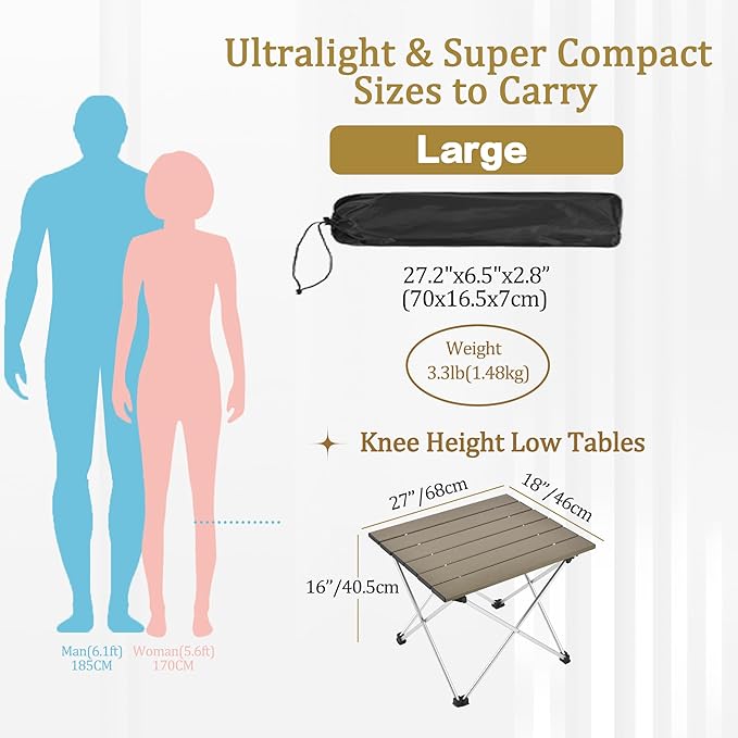 Grope Small Folding Camping Table with Aluminum Table Top, Beach Table for Sand with Carrying Bag,Prefect for Outdoor,Picnic,BBQ,Cooking,Festival