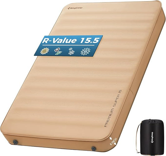 KingCamp Self Inflating Camping Pad, Ultra 6" Thick or Ideal 3" Thcik High R Value Air & Foam Camping Mattress, Full Size Double Sleeping Pad 2 Person for Camp Tent Outdoor Car, Multi Colors, PVC Free