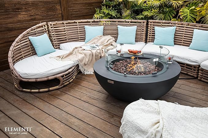 Elementi Lunar Bowl Cast Concrete Fire Table Bundle, Outdoor Fire Pit Fire Table Patio Furniture, Dark Gray (Natural Gas)