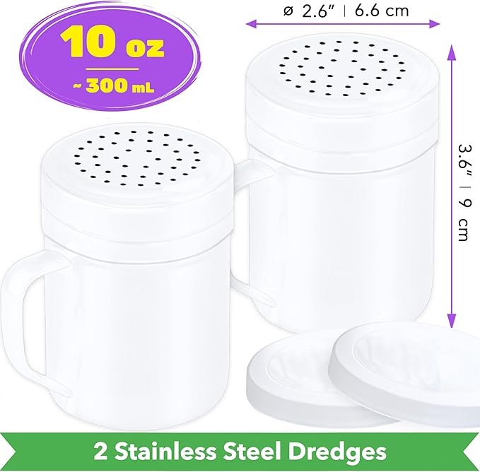 CUSINIUM 10oz White Stainless Steel Salt Pepper Dredge Shakers - With Plastic Cap - With Handle - Pack of 2