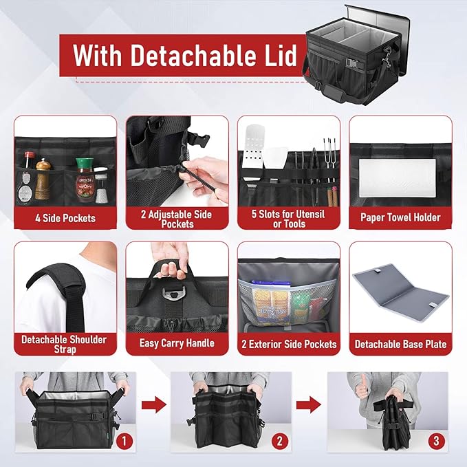 FANGSUN Grill Caddy, BBQ Caddy with Lid & Paper Towel Holder, Picnic Griddle Caddy for Outdoor Camping, Barbecue Accessories Organizer for Utensil Grilling Tool, Must Haves for Camper, Tailgate, RV