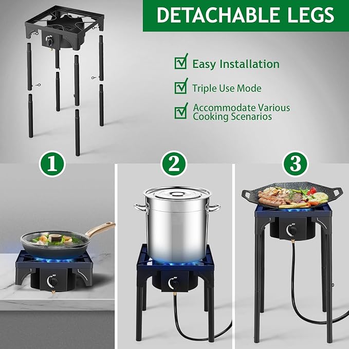 Outvita 1 Burner Propane Gas Stove for Outdoor Cooking, 75,000 BTU Camping Cooker with Removable Legs, Temperature Control Knobs for Backyard Cooking, BBQ, Baking and Frying(Single Burner)