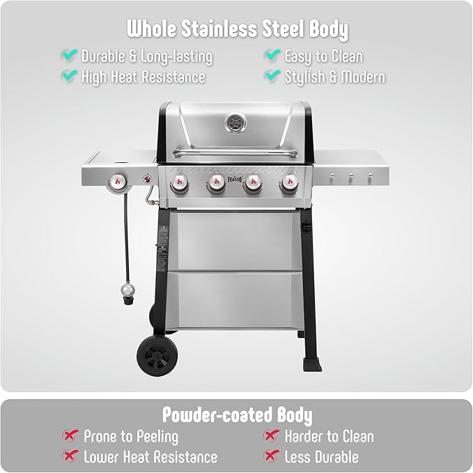 4-Burner Propane Gas Grill with Side Burner&Table, Outdoor BBQ Grill with Porcelain-Enamel Cast Iron Grates for Patio, 48,000 BTU Output Propane Grills for Outdoor Cooking, Stainless Steel