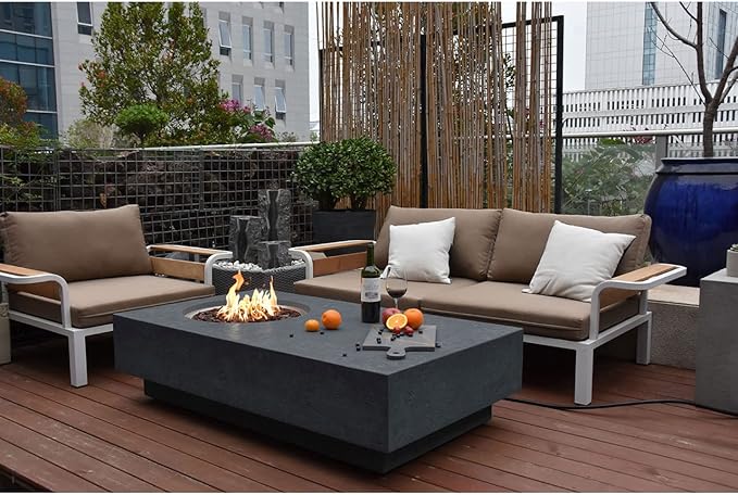 Elementi | Metropolis Gas Fire Pit Cast Concrete 56" Rectangular Fire Table, Outdoor Fire Pit Electronic Ignition | Canvas Cover, Lava Rock Included | Dark Gray (Propane Gas)