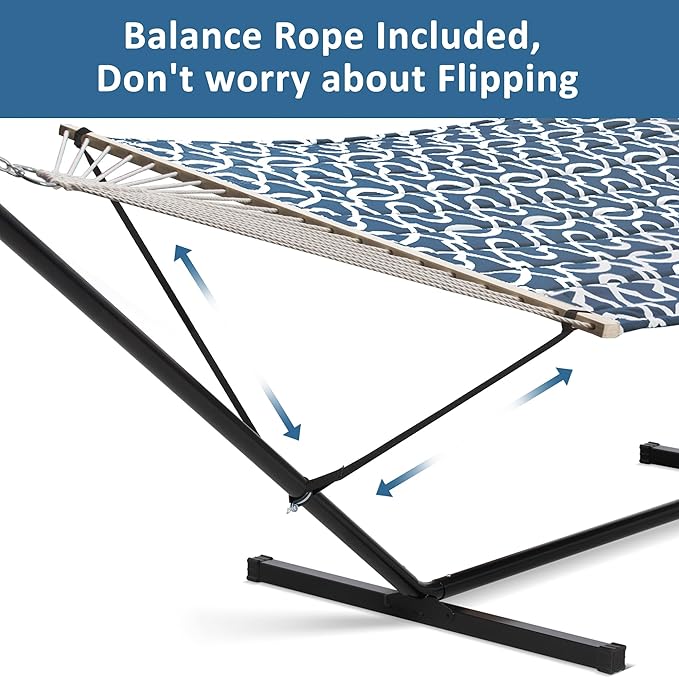 SUNCREAT Two Person Hammock with Stand, 475 lbs Capacity, Portable Patio Hammock with Hardwood Spreader Bar, Large Soft Pillow, Blue Pattern