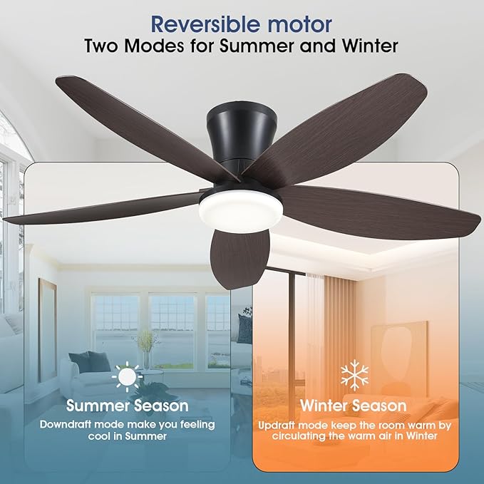 Ceiling Fans with Lights-42 Low Profile Ceiling Fan with Light and Remote/APP Control,Flush Mount,DC Reversible,LED Dimmable Modern Ceiling Fans for Bedroom,Indoor/Outdoor Patio Use(Brown)
