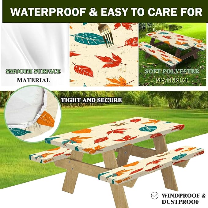 CAPSCEOLL Elastic Picnic Table Cover with Bench Covers 5Ft Waterproof Fitted Picnic Table Cover Cloths for Outdoors Camping Tablecloth with Drawstring Bag, 60X30in, Maple Leaf