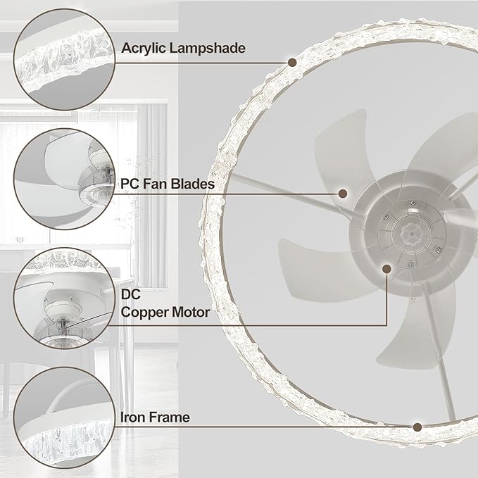 Ceiling Fans with Lights, 24 Inch Ceiling Fan with Light and Remote, Low Profile Reversible White Fandelier Ceiling Fan, Dimmable LED, Flush Mount, DC Motor, for Bedroom, Kitchen, Office