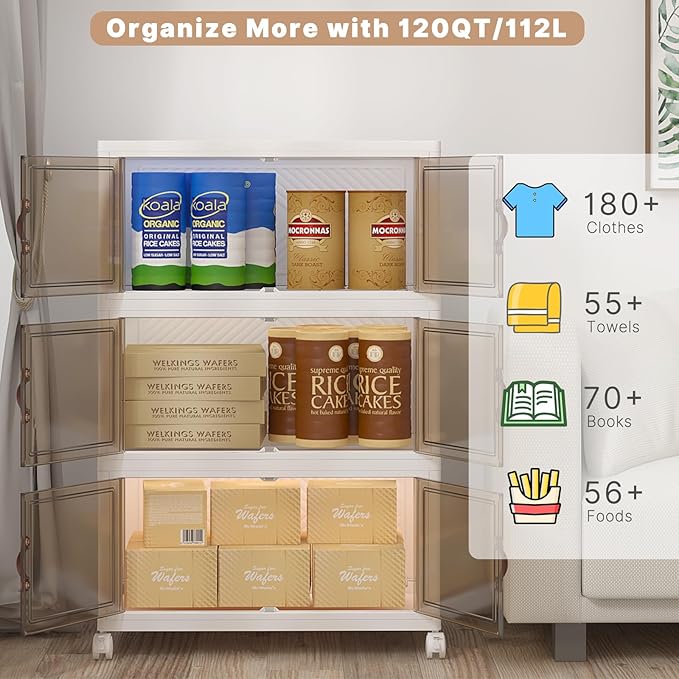 Extra Large Stackable Storage Binswith lids & Wheels, Foldable Collapsible Closet Organizers,360QT-120QT/30GAL*3Pack Plastic Containers with door & drawers for bedroom Dorm