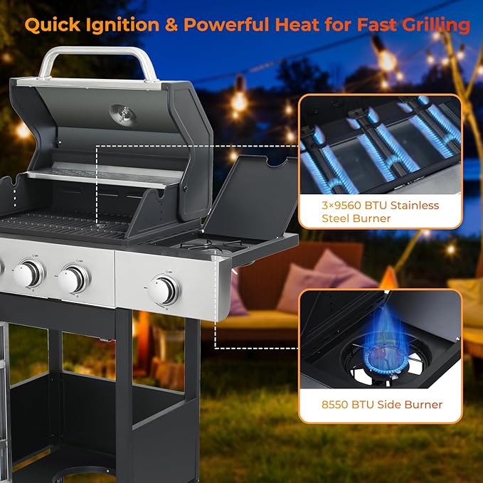 3 Burner Propane Gas Grill with Side Burner, Stainless Steel Outdoor Grill with Enameled Cast Iron Grates, 37230 BTU Gas Grill for Outdoor Barbecue BBQ Grill