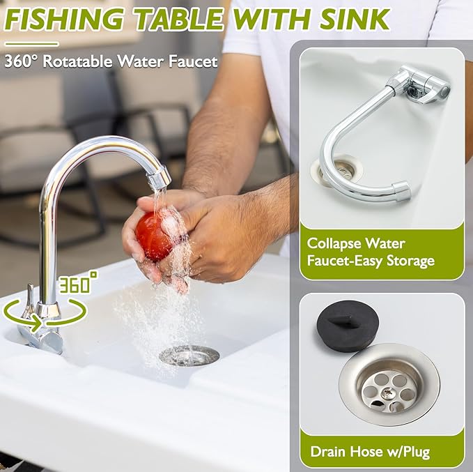 Folding Fish Cleaning Table Portable Camping Sink with Faucet Drainage Hose & Sprayer Outdoor Fillet Station Grid Rack Knife Groove for Picnic Fishing, Black