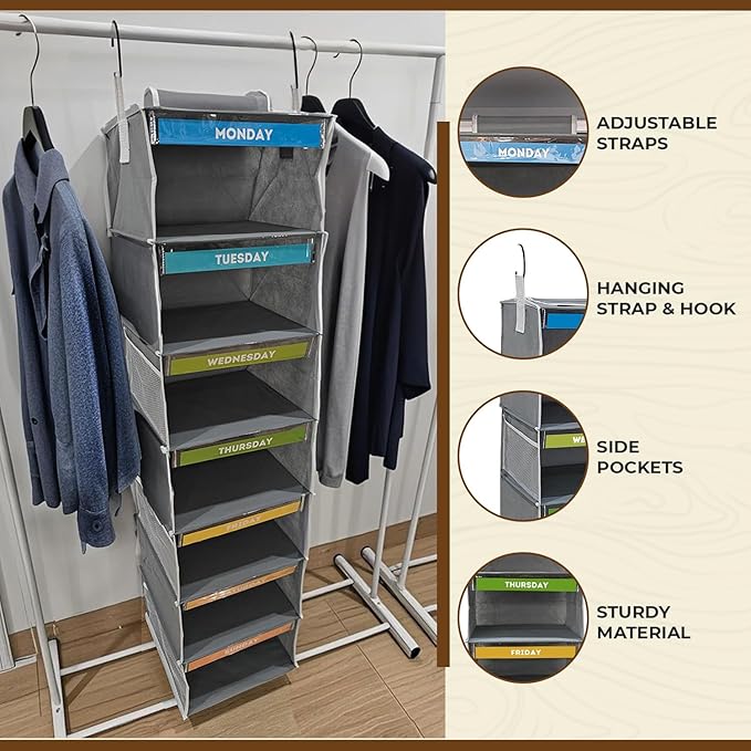 7 Shelves Hanging Closet Organizer, a Shelf for Every Day of The Week, Foldable Hanging Storage with Side Pockets, Clothes Storage for Bedroom, Weekly Clothes Organizer for Kids