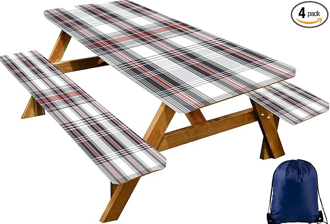 CAPSCEOLL Fitted Picnic Table Cover with Bench Covers with Elastic 8Ft Waterproof Camping Picnic Table Cover Cloths for Outdoors Camping Tablecloth with Drawstring Bag, 96X30in, Grey Red