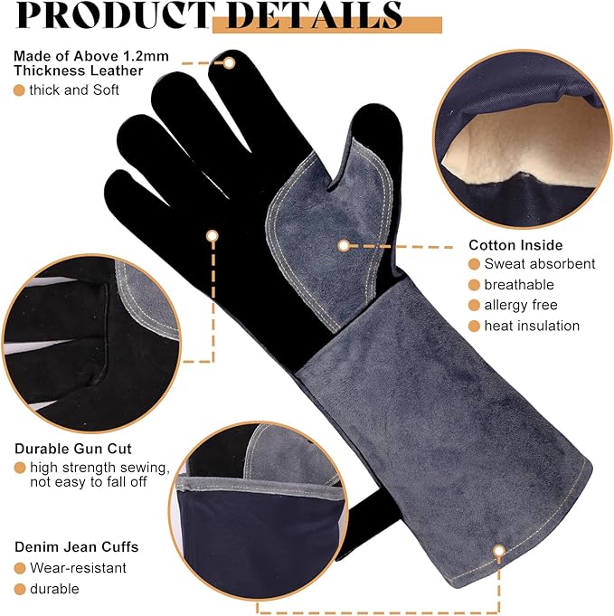 16" Leather Forge Welding Gloves, 932℉ Heat/Fire Resistant, Multi-Use Mitts for TIG/MIG Welding, BBQ, Oven, Baking, Furnace, Beekeeping, Animal Handling & Stove Safety，Ambidextrous
