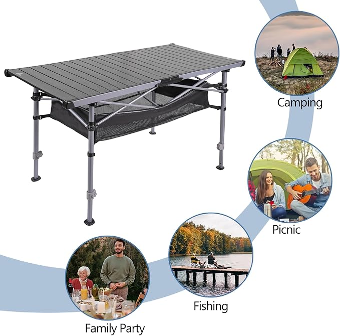 Ablazer Camping Table with Carry Bag, Adjustable Height Portable Table for Outdoor, Camping, Picnic, Beach, Aluminum Picnic Roll-up Table for 4-6 Person